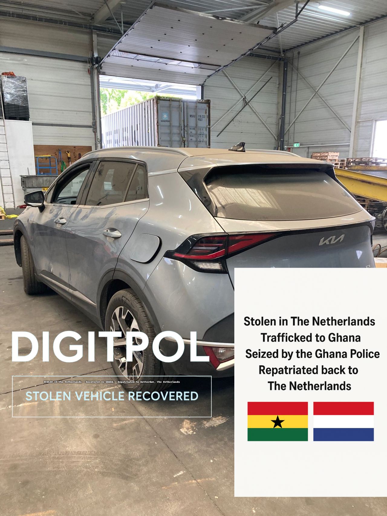 Stolen Kia tracked to Ghana by DIGITPOL and now recovered in the netherlands